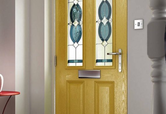 A distinction yellow composite door in a home