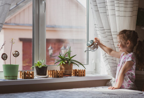 A child watering plants in front of a window