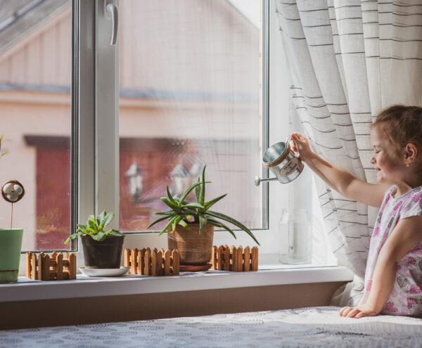 A child watering plants in front of a window
