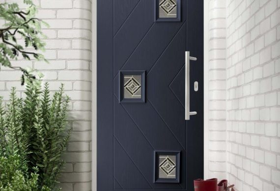 distinction door in navy with small window placed all over